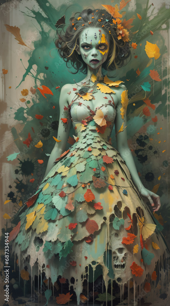 Embracing nature's enchantment, she becomes one with the mystical foliage, her dress flowing with vibrant leaves