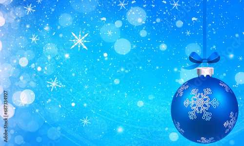 Blue Christmas background with blue bauble and snowflakes.