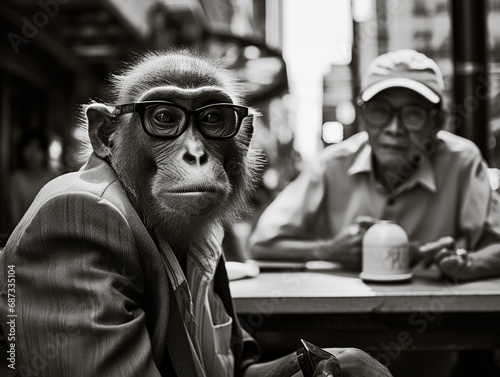 A monkey with googles sits at a table with a men.
