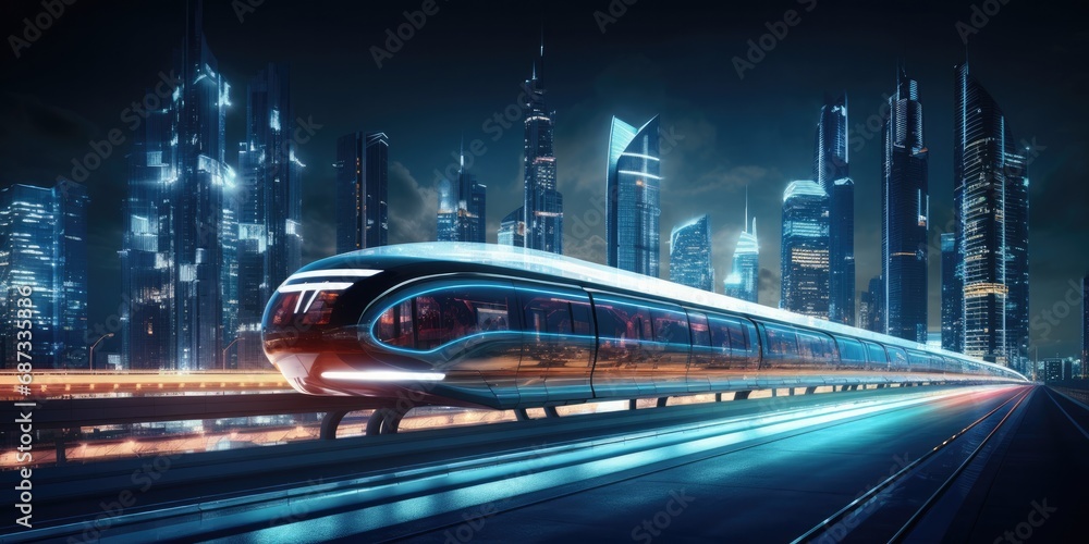 A train traveling through a city at night. Generative AI.