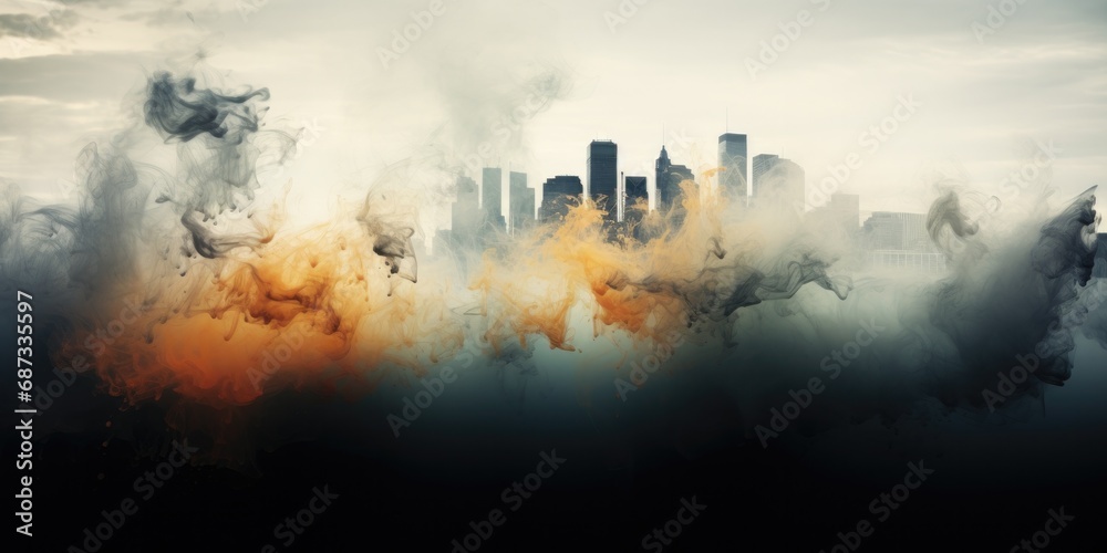 A picture of a city with a lot of smoke coming out of it. Generative AI.