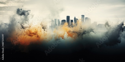 A picture of a city with a lot of smoke coming out of it. Generative AI.