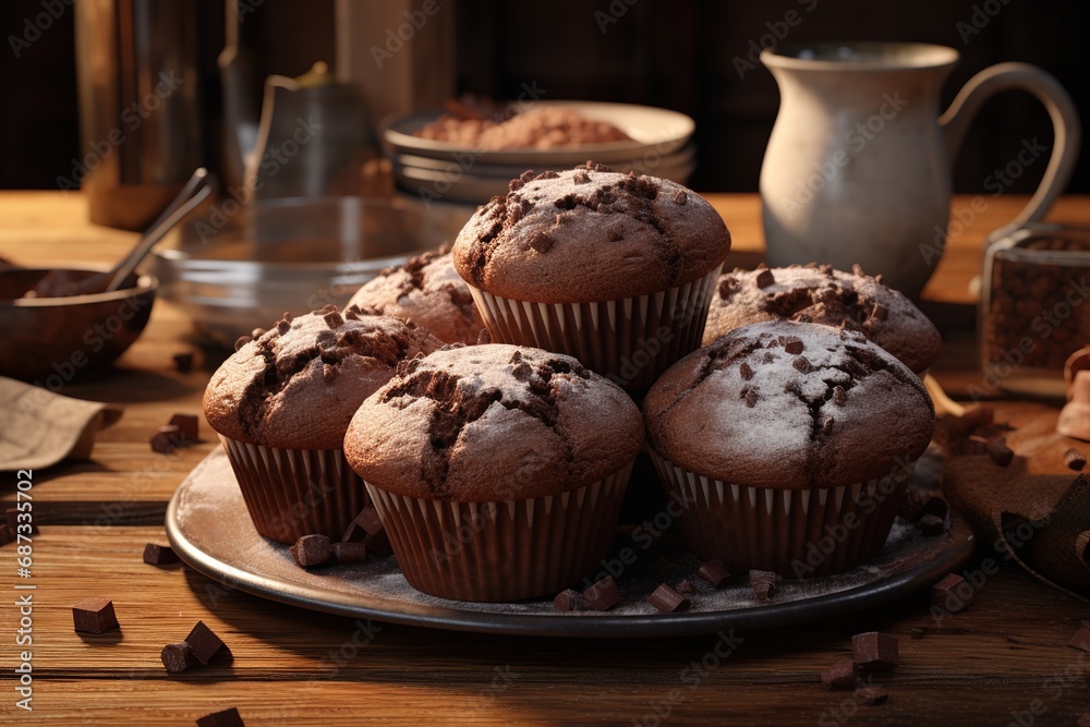 Delicious chocolate muffins on plate on wooden table, closeup, AI Generated Delicious chocolate muffins on plate on wooden table, closeup, AI Generated