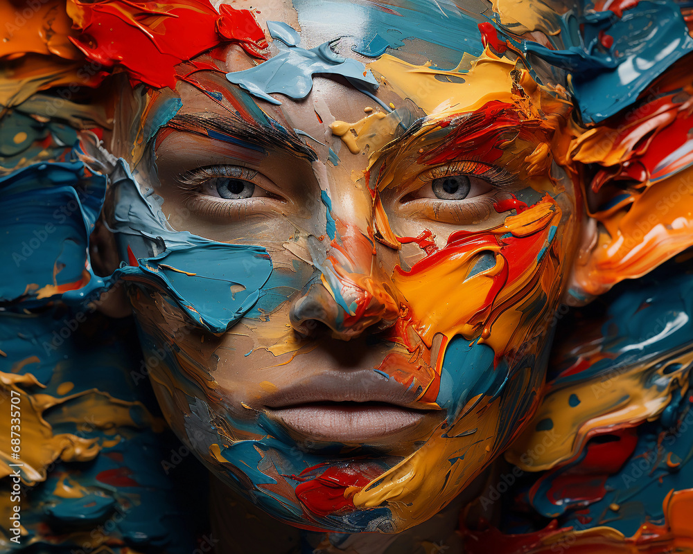 Abstract composite portrait, artist’s face merging with a canvas of their own colorful brushstrokes