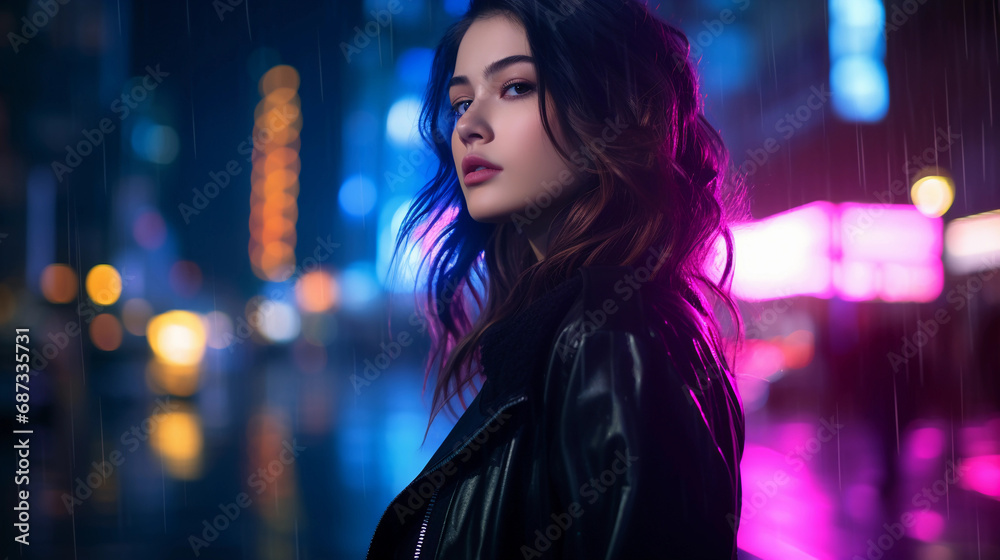 Fototapeta premium woman, blending with a vibrant cityscape at night, neon lights reflecting in her silhouette