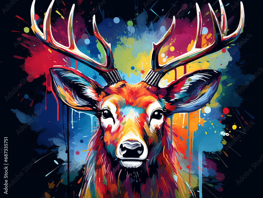 A Vibrant Print of a Deer Made of Brightly Colored Paint Splatters
