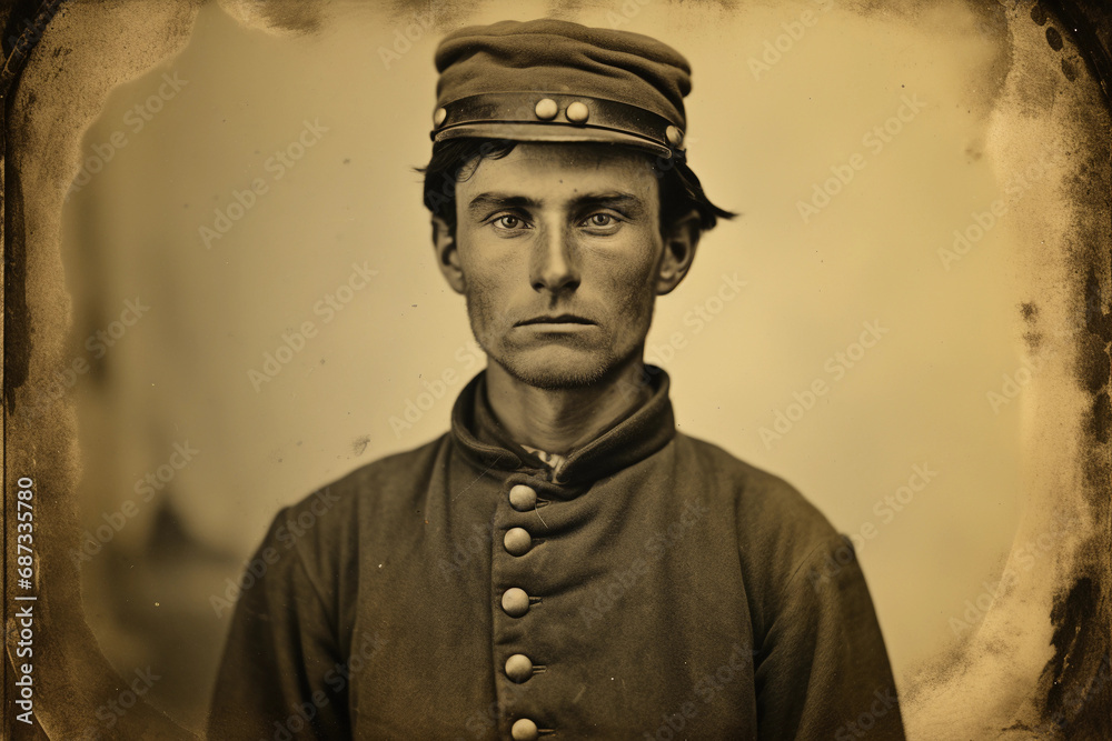 Civil War era tintype portrait, soldier in Union uniform, kepi cap