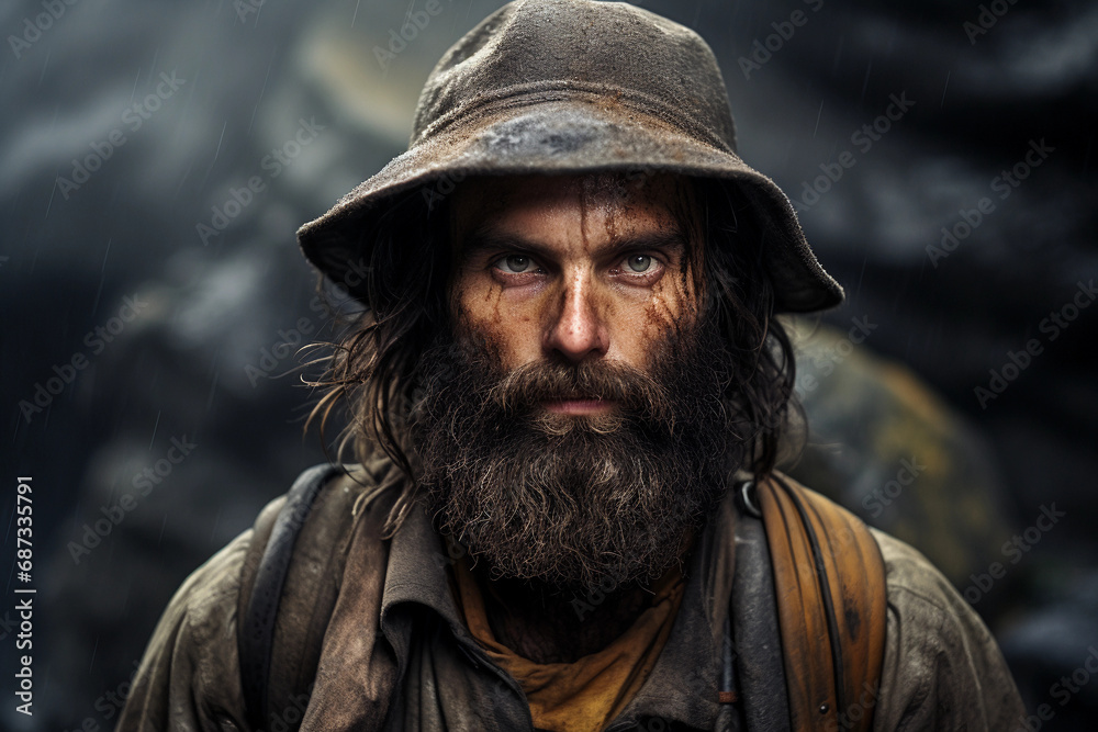 explorer, rugged outdoor background, wearing a coonskin cap, dense beard, carrying navigational tools