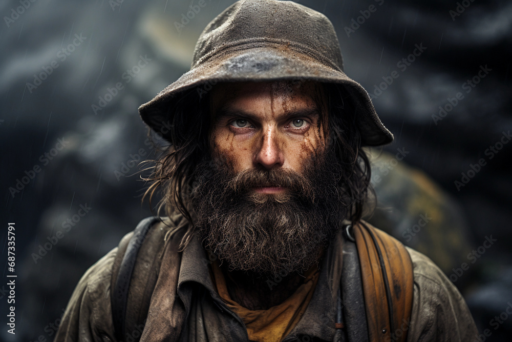 explorer, rugged outdoor background, wearing a coonskin cap, dense beard, carrying navigational tools explorer, rugged outdoor background, wearing a coonskin cap, dense beard, carrying navigational tools