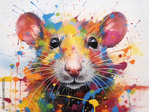 A Vibrant Print of a Rat Made of Brightly Colored Paint Splatters
