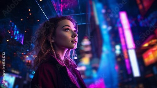 woman, blending with a vibrant cityscape at night, neon lights reflecting in her silhouette