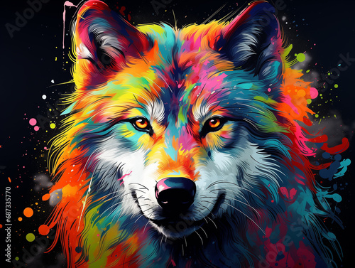 A Vibrant Print of a Wolf Made of Brightly Colored Paint Splatters