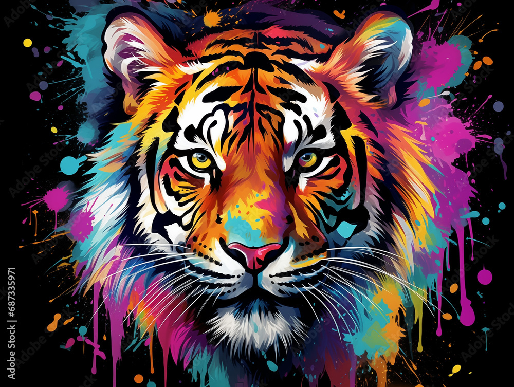 A Vibrant Print of a Tiger Made of Brightly Colored Paint Splatters