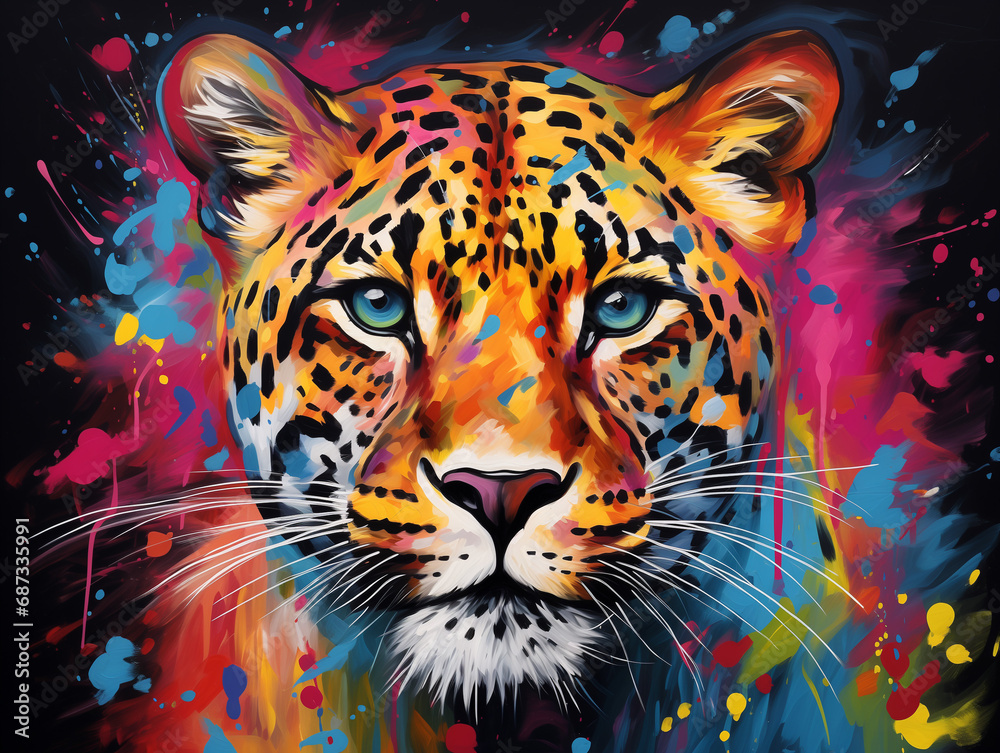 A Vibrant Print of a Leopard Made of Brightly Colored Paint Splatters