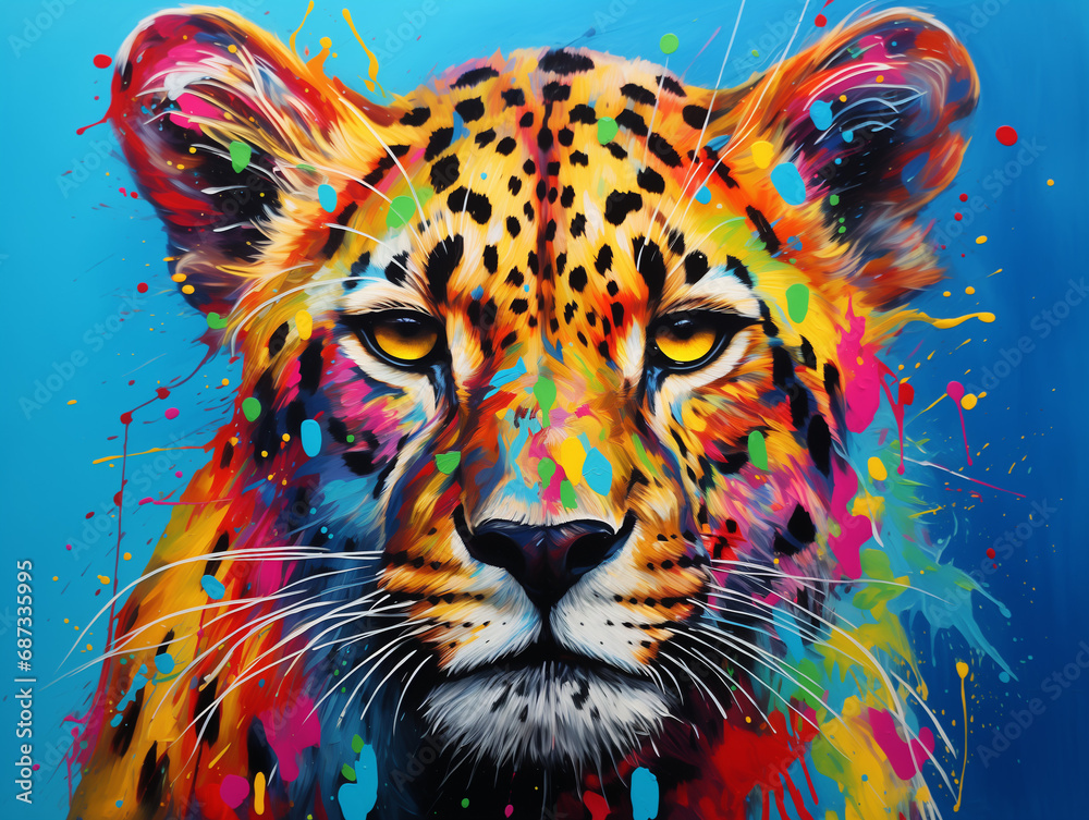 A Vibrant Print of a Cheetah Made of Brightly Colored Paint Splatters