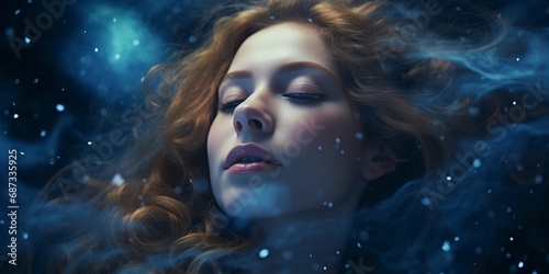 Ethereal composite portrait  half of a woman   s face blended with a starry night sky  galaxies and nebulae in her hair