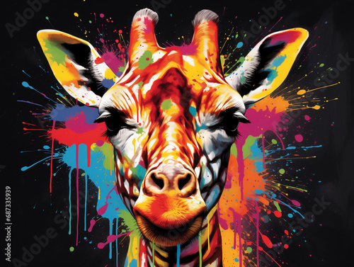 A Vibrant Print of a Giraffe Made of Brightly Colored Paint Splatters