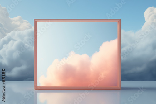 A frame on pastel blue background with abstract pink cloud shapes. Minimal border composition.