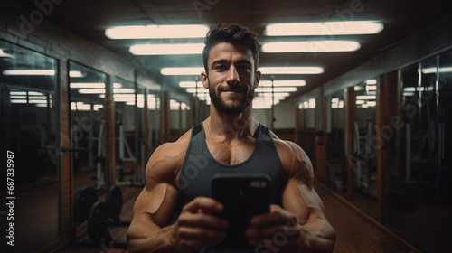 Fitness selfie in a gym mirror, high-energy, athletic wear, workout equipment in the background