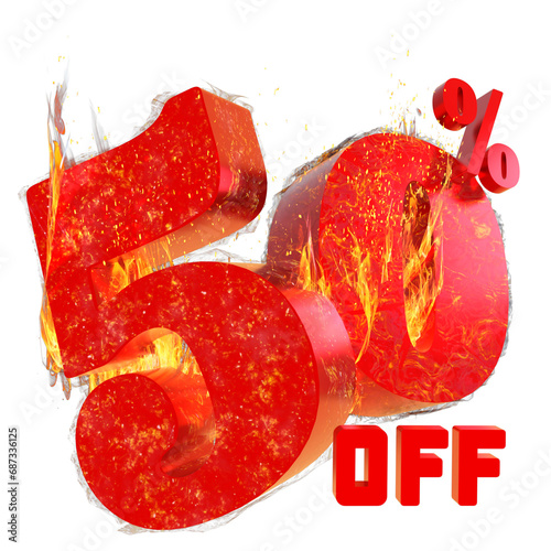 Red Fire fifty percent isolated on white. Fifty 50% income or 50% off on sale concept. 3d rendering illustration photo