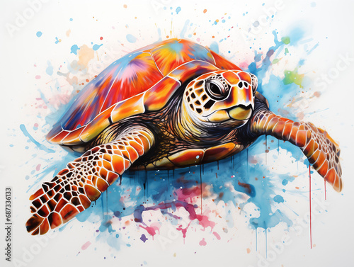 A Vibrant Print of a Turtle Made of Brightly Colored Paint Splatters