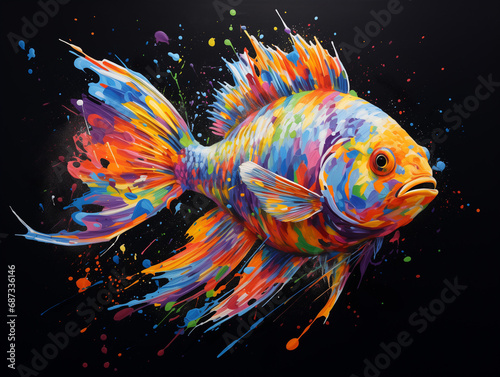 A Vibrant Print of a Fish Made of Brightly Colored Paint Splatters