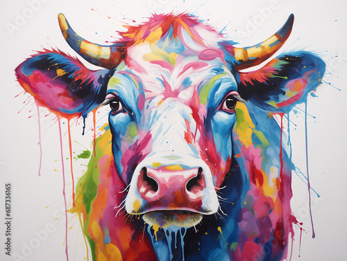 A Vibrant Print of a Cow Made of Brightly Colored Paint Splatters