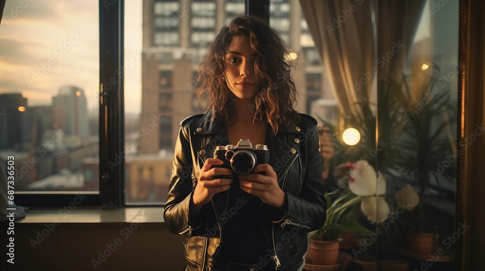 Urban chic mirror selfie, stylish young woman in a high-rise apartment, cityscape reflection, wearing a leather jacket - obrazy, fototapety, plakaty 