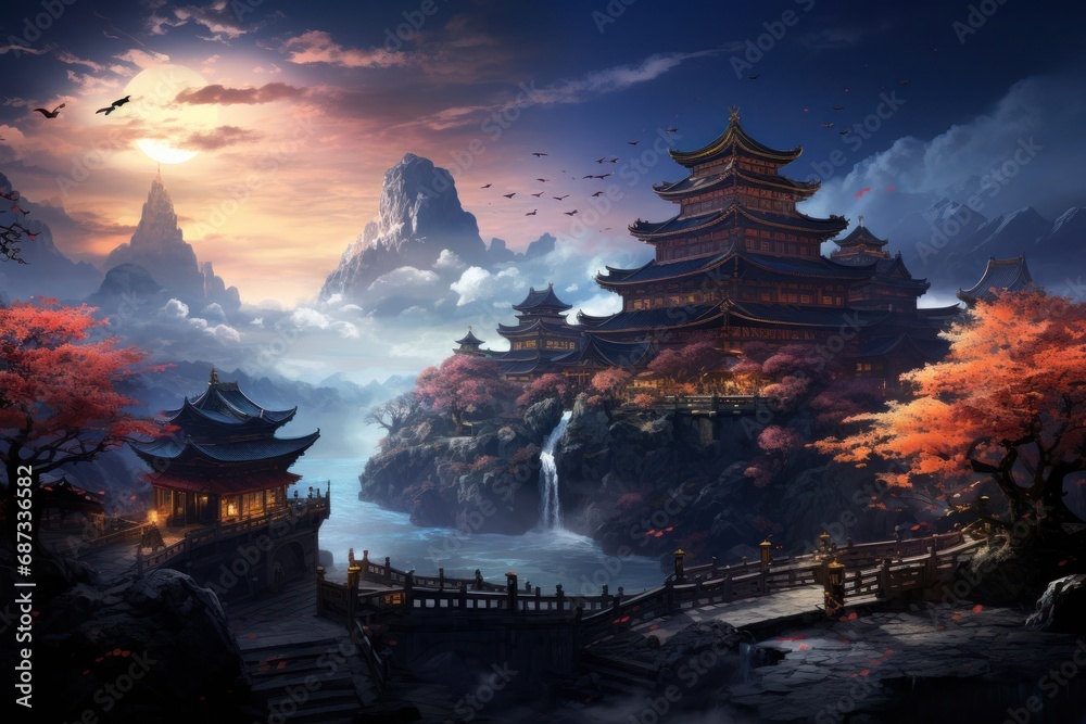 Majestic Castle Soaring High in the Oriental Asian Sky Generative AI