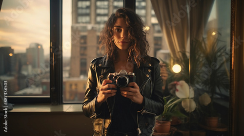 Urban chic mirror selfie, stylish young woman in a high-rise apartment, cityscape reflection, wearing a leather jacket