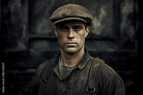 Turn-of-the-century industrial worker, oil-stained overalls, flat cap, confident expression, monochromatic tintype with fine grain