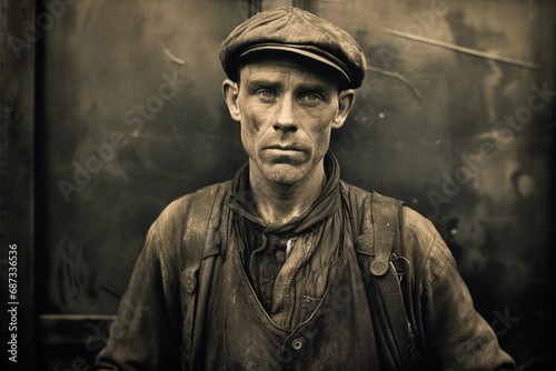 Turn-of-the-century industrial worker, oil-stained overalls, flat cap, confident expression, monochromatic tintype with fine grain photo