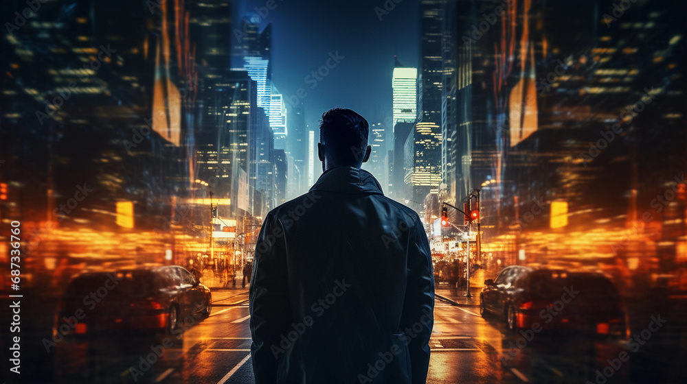 man’s silhouette with a bustling cityscape, embodying the urban life