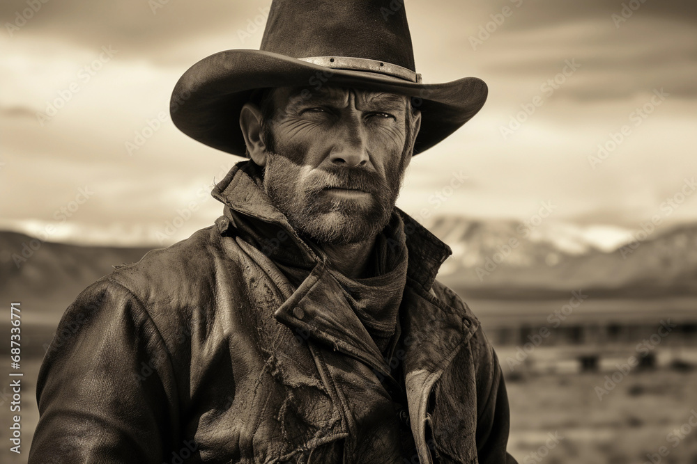 Old West cowboy, rugged features, wide-brimmed hat, neckerchief, weather-beaten leather jacket, tintype patina