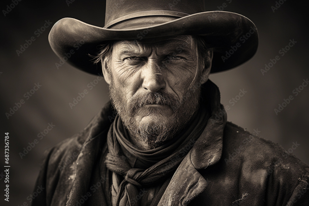 Old West cowboy, rugged features, wide-brimmed hat, neckerchief, weather-beaten leather jacket, tintype patina Old West cowboy, rugged features, wide-brimmed hat, neckerchief, weather-beaten leather jacket, tintype patina