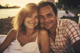 Nostalgic Polaroid portrait of a smiling couple at a beach picnic, vintage filter