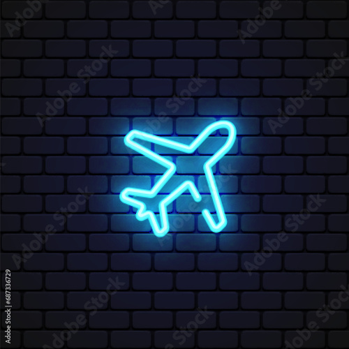 Airplane neon icon on light background.