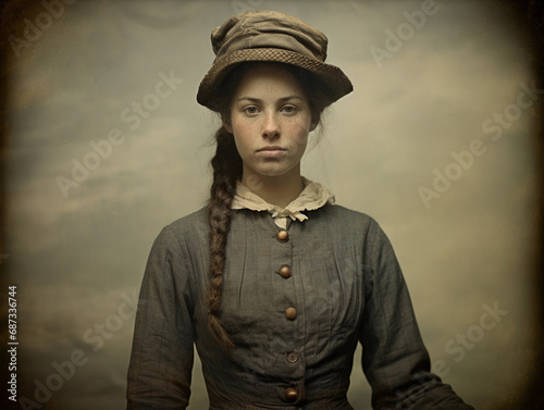 Pioneer woman, stern gaze, bonnet, and calico dress, tintype with hand-tinted coloration, period-authentic props photo