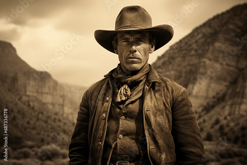 Old West cowboy, rugged features, wide-brimmed hat, neckerchief, weather-beaten leather jacket, tintype patina
