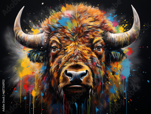 A Vibrant Print of a Bison Made of Brightly Colored Paint Splatters