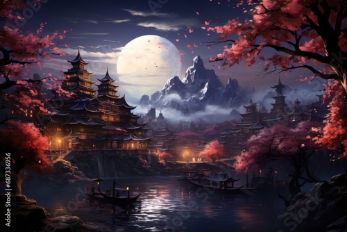 Serene Oriental Moonlit Landscape Generative AI © Johnathan