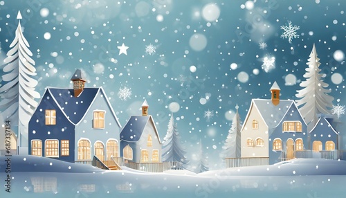 christmas white blue light winter background with cozy european houses and christmas trees on a light blue background with white bokeh stars snowflakes horizontal banner