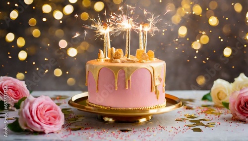 pink and gold birthday cake with gold birthday candles and celebration sparklers photo