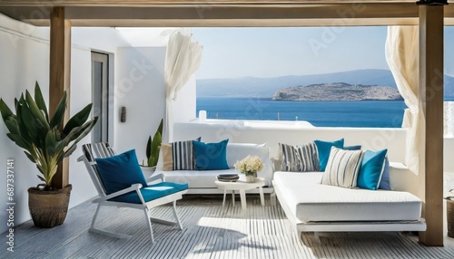 minimalist greek resort by the sea indoor outdoor space with lounging furniture with cushions and throw © Mary