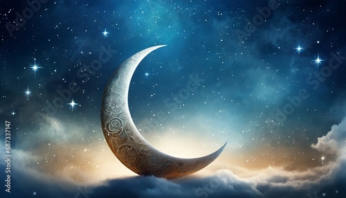 islamic greeting eid mubarak cards for muslim holidays eid ul adha festival celebration arabic ramadan background with crescent moon and the stars on night sky photo