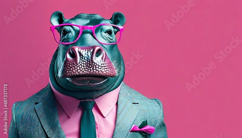 stylish portrait of dressed up imposing anthropomorphic hippopotamus wearing glasses and suit on vibrant pink background with copy space funny pop art illustration photo