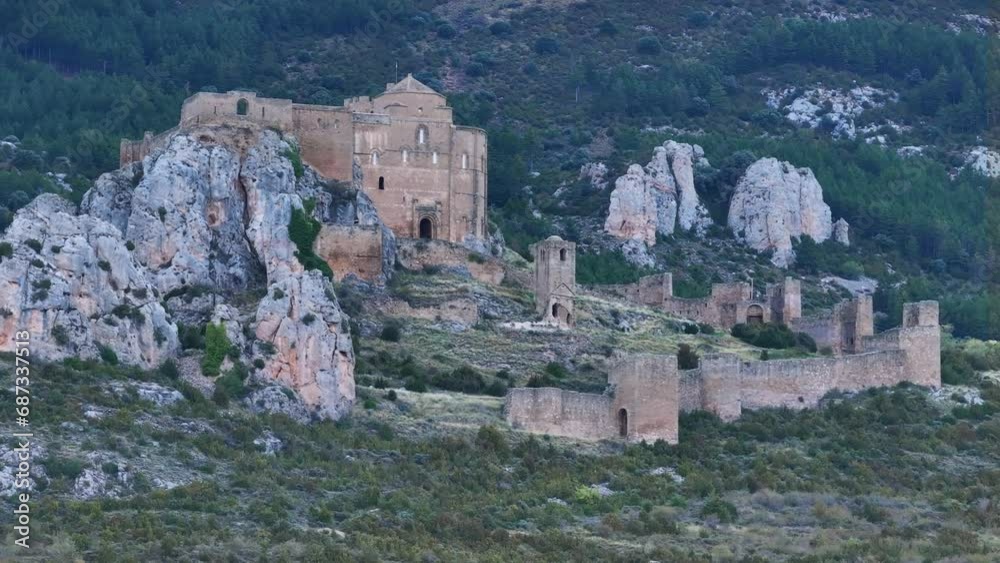 Landscape in the surroundings of the Castle of Loarre. Aerial view from a drone. Hoya region of Huesca. Huesca. Aragon. Spain. Europe Landscape in the surroundings of the Castle of Loarre. Aerial view from a drone. Hoya region of Huesca. Huesca. Aragon. Spain. Europe