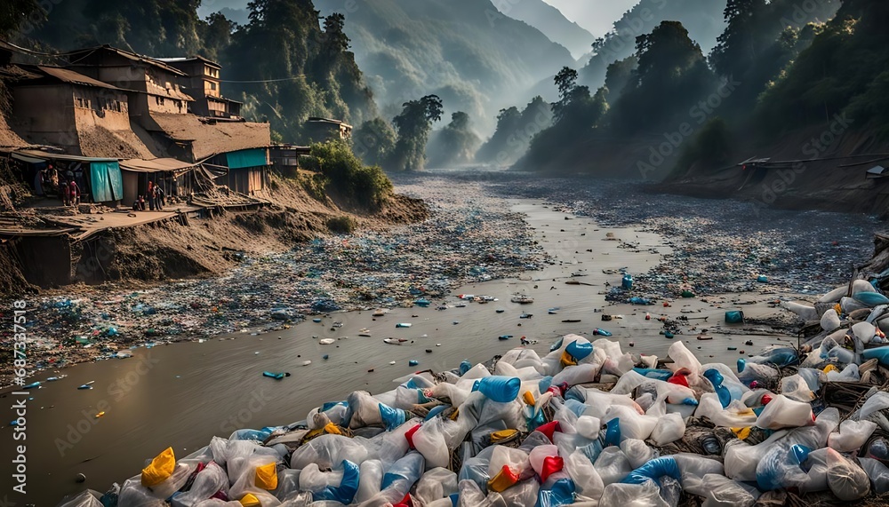 A river in Nepal is polluted with plastic A river in Nepal is polluted with plastic