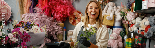 Female decorator creating beautiful bouquet at table. Lifestyle flower shop photo