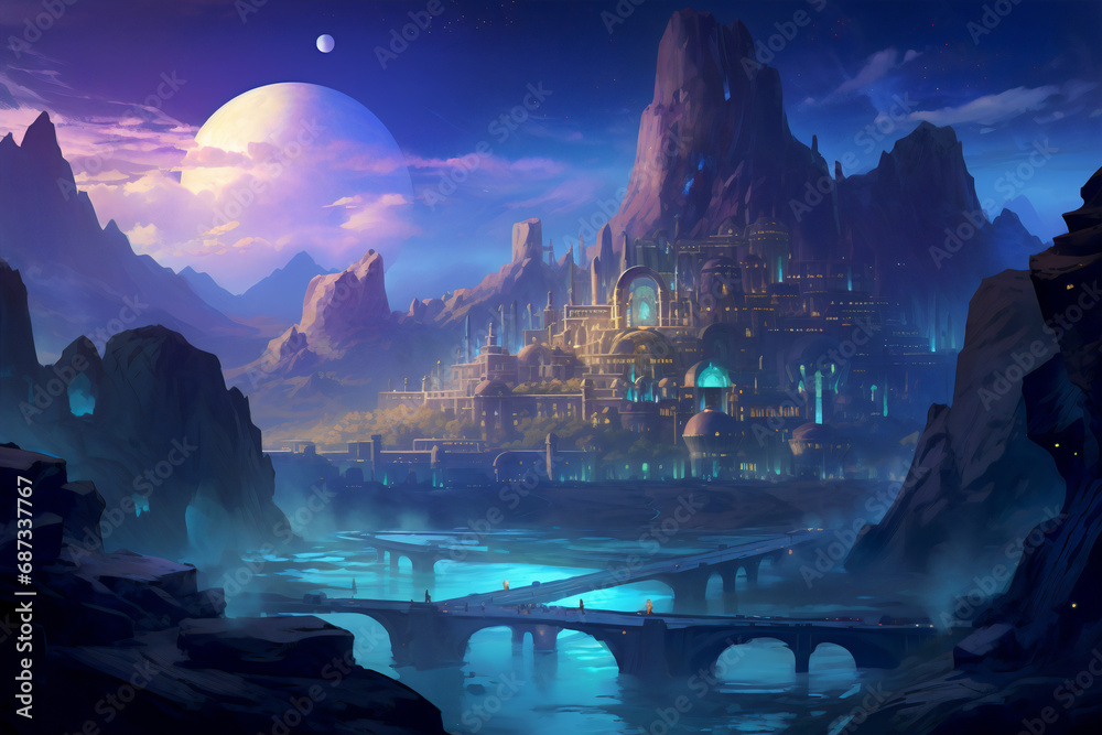 Enchantment at Dusk: The Celestial City of Azure Peaks. Generative AI